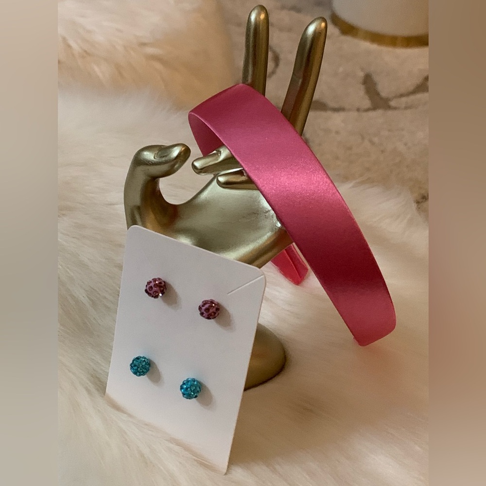 Pink Satin Headband and (2) Two Stud Earrings Set